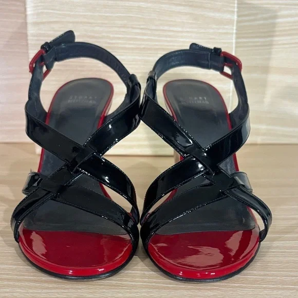 Stuart Weitzman Black Patent Leather Red Wedge Sandals Size 8.5M - Picture 6 of 12